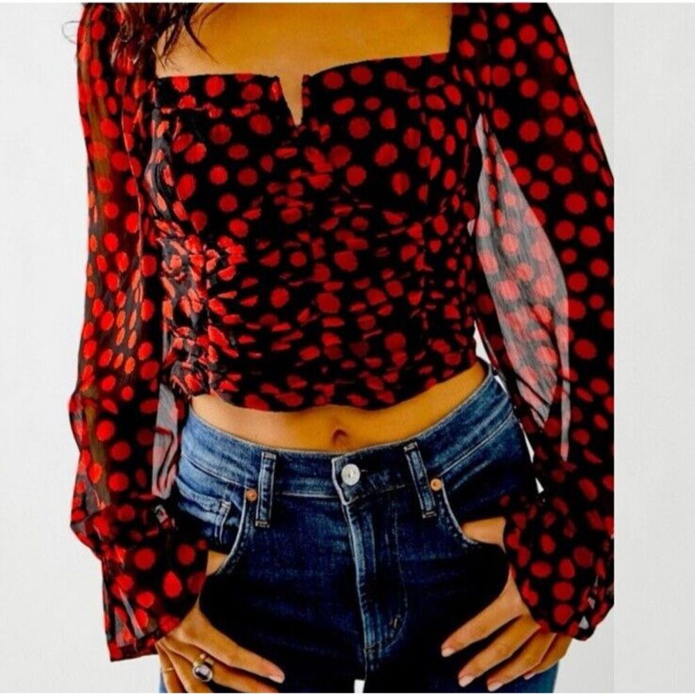 Free People Size Medium Parker‎ Corset Polka Dot Cropped Smocked Top Whimsigoth